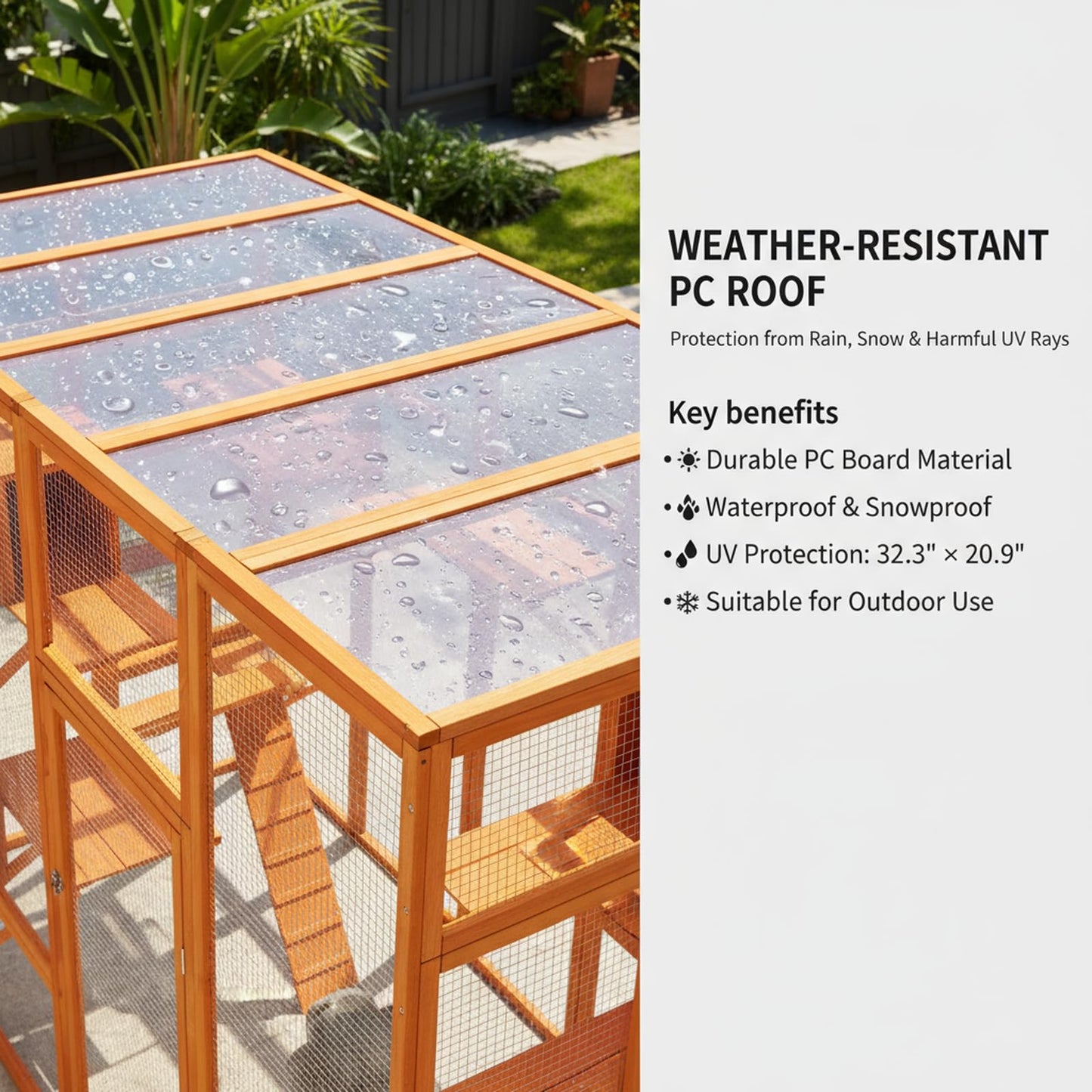 Outdoor Catio Cat Enclosure – 99" Wooden Cat House, 6 Jumping Platforms, Scratching Post, Waterproof Roof, Window Access, Orange