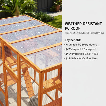 Outdoor Catio Cat Enclosure – 99" Wooden Cat House, 6 Jumping Platforms, Scratching Post, Waterproof Roof, Window Access, Orange