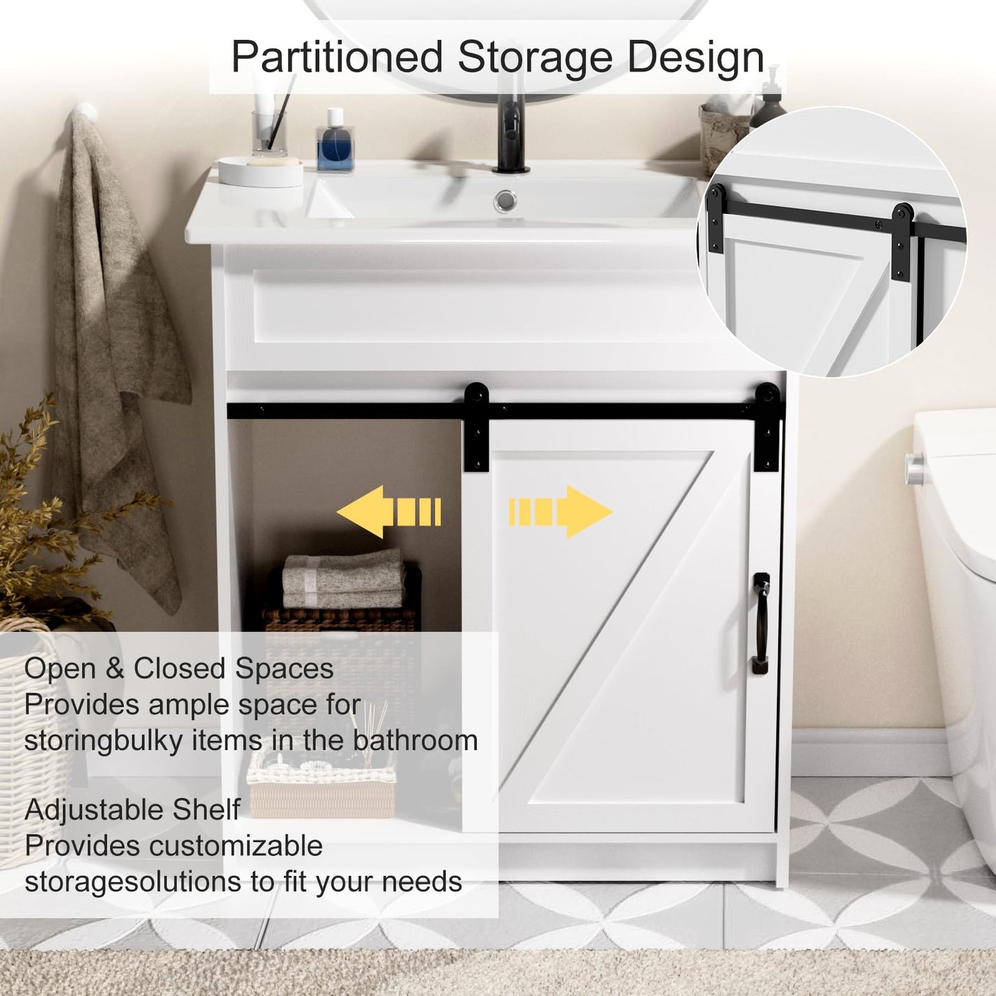 30" Farmhouse Bathroom Vanity with Sink – Sliding Barn Door, 3 Drawers & Metal Handle, White