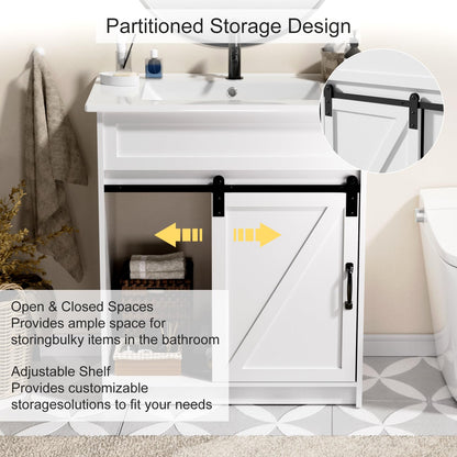 30" Farmhouse Bathroom Vanity with Sink – Sliding Barn Door, 3 Drawers & Metal Handle, White