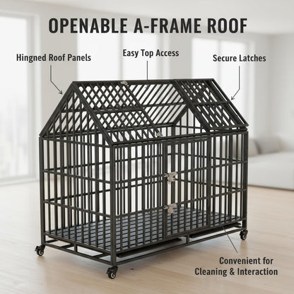 52" Heavy Duty Indestructible Dog Crate | Escape Proof, Double Door, Lockable Wheels, Removable Tray | XL