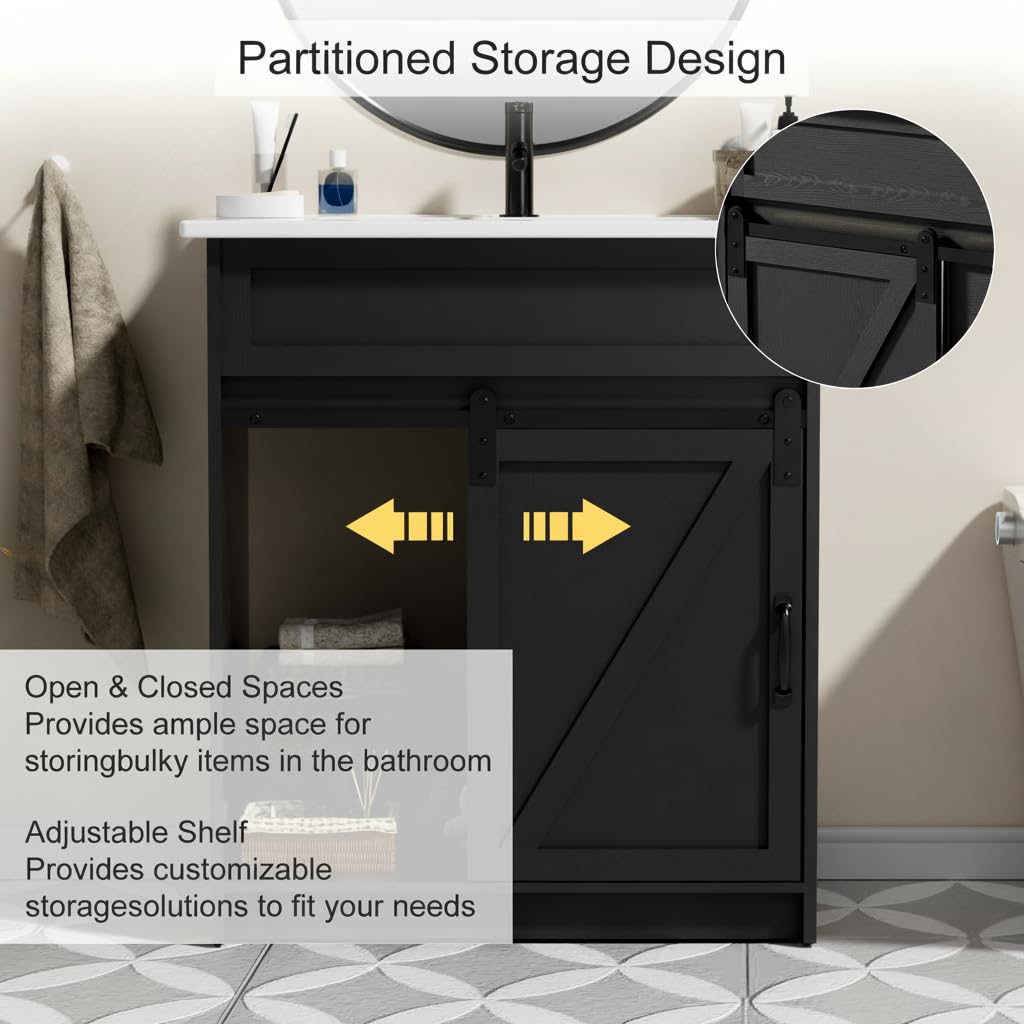 30" Farmhouse Bathroom Vanity Set with Sink, Power Outlets & Hair Tool Organizer