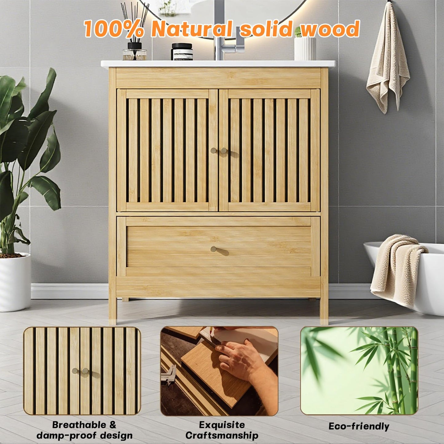 30" Naturoasis Farmhouse Bathroom Vanity with Sink – Bamboo Cabinet, Large Drawer & Soft-Close Doors