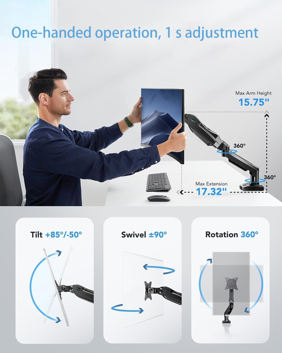 Adjustable Single Monitor Arm Desk Mount – C-Clamp/Grommet Mount, Fits 13-32 Inch Monitors, 4.4-19.8 Lbs Capacity, VESA 75x75mm & 100x100mm