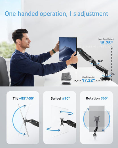 Adjustable Single Monitor Arm Desk Mount – C-Clamp/Grommet Mount, Fits 13-32 Inch Monitors, 4.4-19.8 Lbs Capacity, VESA 75x75mm & 100x100mm