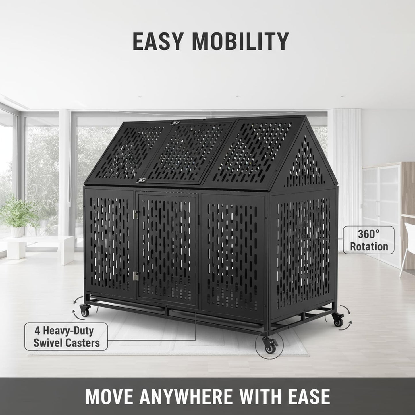 52 Inch Heavy Duty Indoor Dog Kennel for Large Dogs – Indestructible Dog Crate with Divider, Steel XL Dog Cage with Double Door, Wheels & Removable Tray, Black