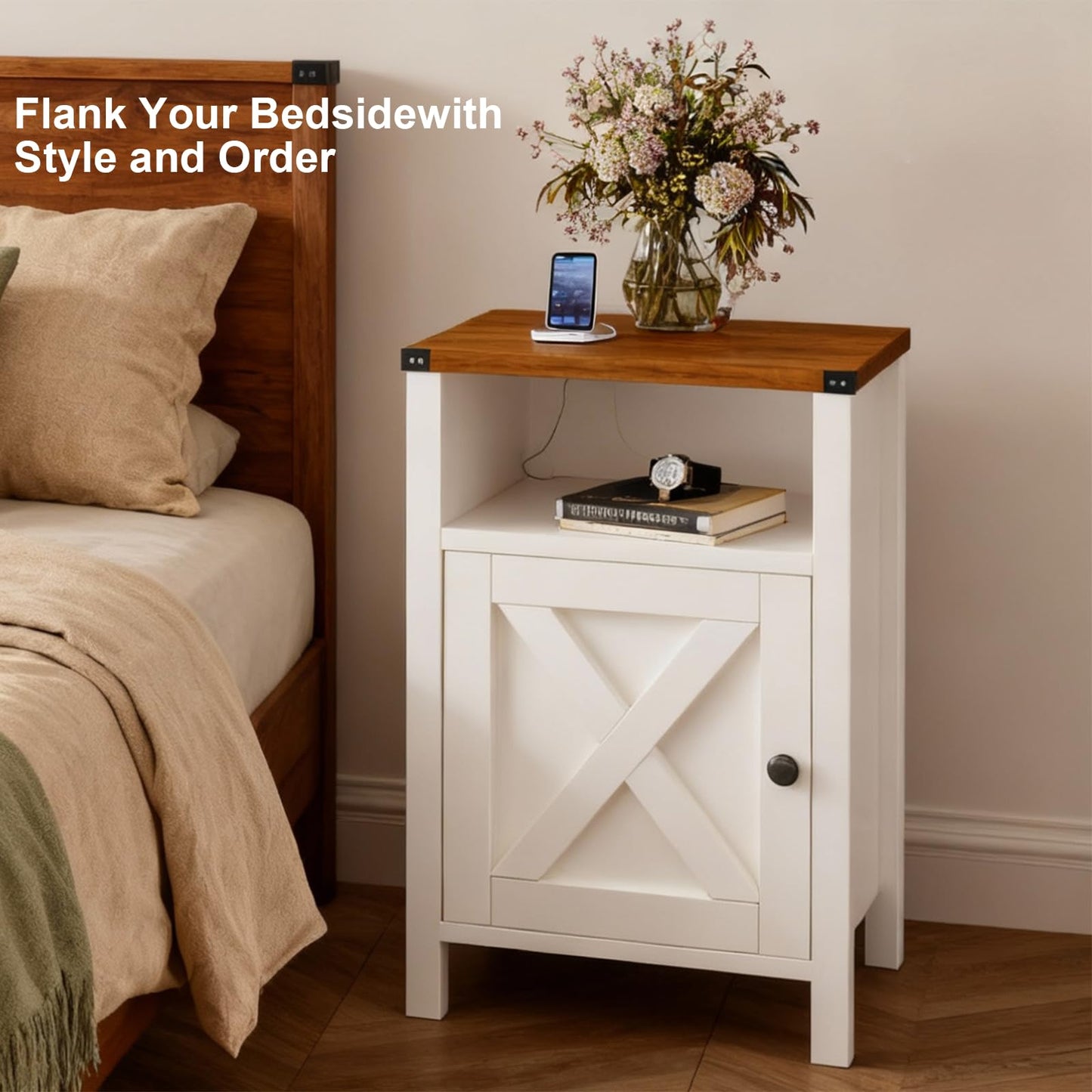 Set of 2 Farmhouse Nightstands, 16" Barn Door, Open Compartment, Bedroom Side Table – Natural Oak & Rustic White