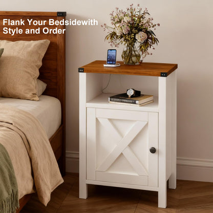 Set of 2 Farmhouse Nightstands, 16" Barn Door, Open Compartment, Bedroom Side Table – Natural Oak & Rustic White