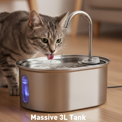 Stainless Steel Cat Water Fountain – 3L Dual Filtration & Ultra-Quiet Pump