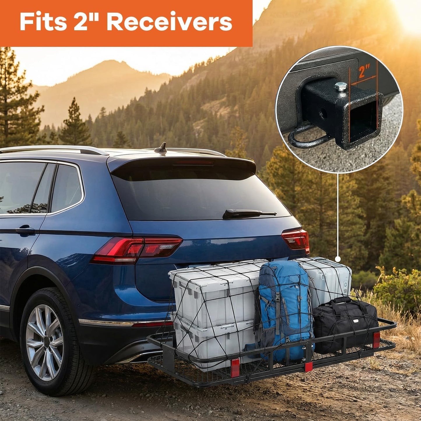 Folding Hitch Cargo Carrier – Extra-Wide 24" Steel Basket, 500 lb, Anti-Wobble Stabilizer