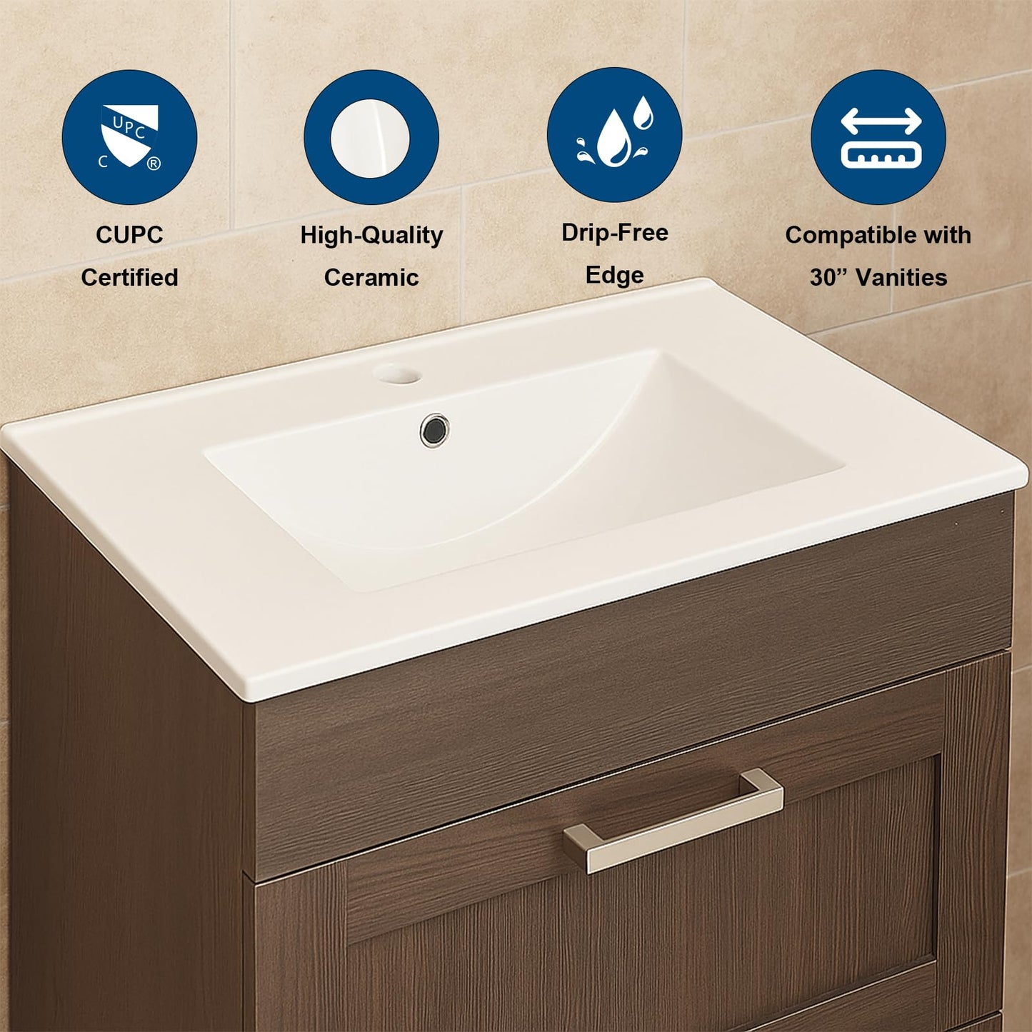 30 Inch White Ceramic Vanity Sink Top – Glazed Basin with Overflow Drain