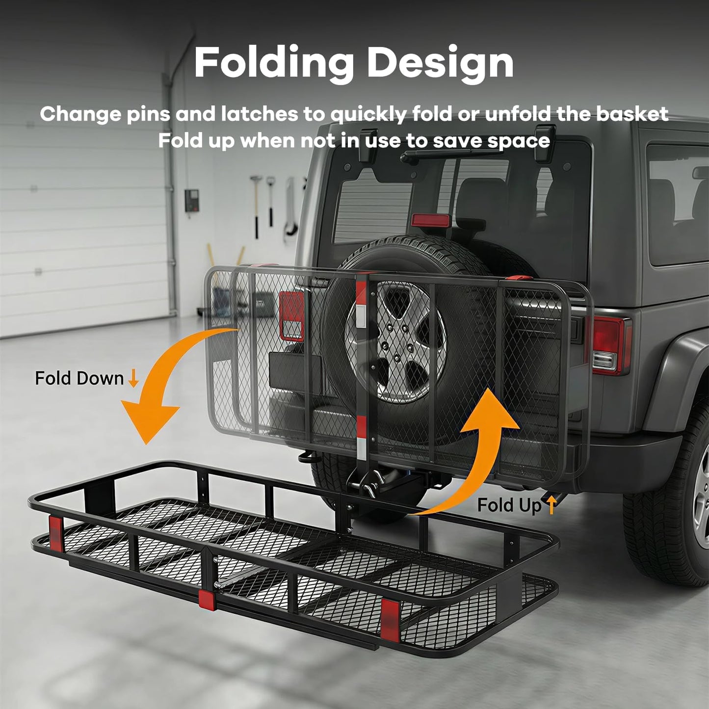 Folding Hitch Cargo Carrier – Extra-Wide 24" Steel Basket, 500 lb, Anti-Wobble Stabilizer