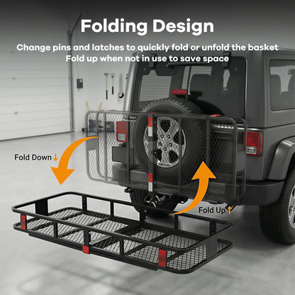 Folding Hitch Cargo Carrier – Extra-Wide 24" Steel Basket, 500 lb, Anti-Wobble Stabilizer
