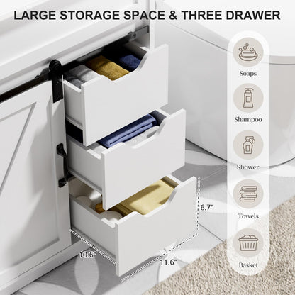30" Farmhouse Bathroom Vanity with Sink – Sliding Barn Door, 3 Drawers & Metal Handle, White