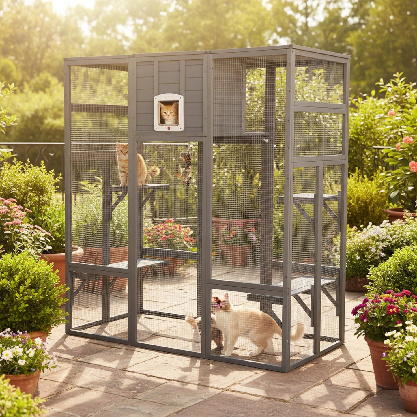 Extra-Large Outdoor Cat Catio with Insulated Condo – Galvanized Mesh, Waterproof Roof + Rain Cover (3+ Cats)