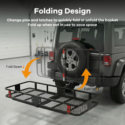 Folding Hitch Cargo Carrier | 60"x20"x6" Galvanized Steel Basket, 500lb Capacity, w/ Stabilizer & Cargo Net, Fits 2" Receiver – SUV, Truck, Van, Car