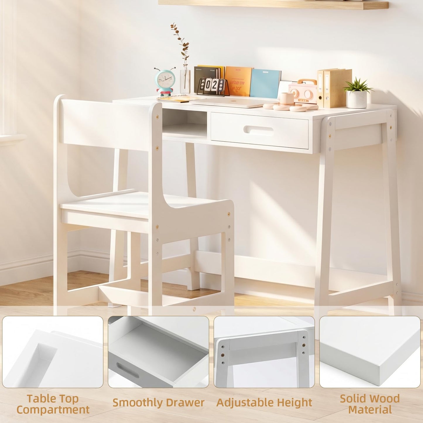 Kids Desk and Chair Set – Wooden Study Table with Storage Bins for Bedroom, Study Room, and Children's Room