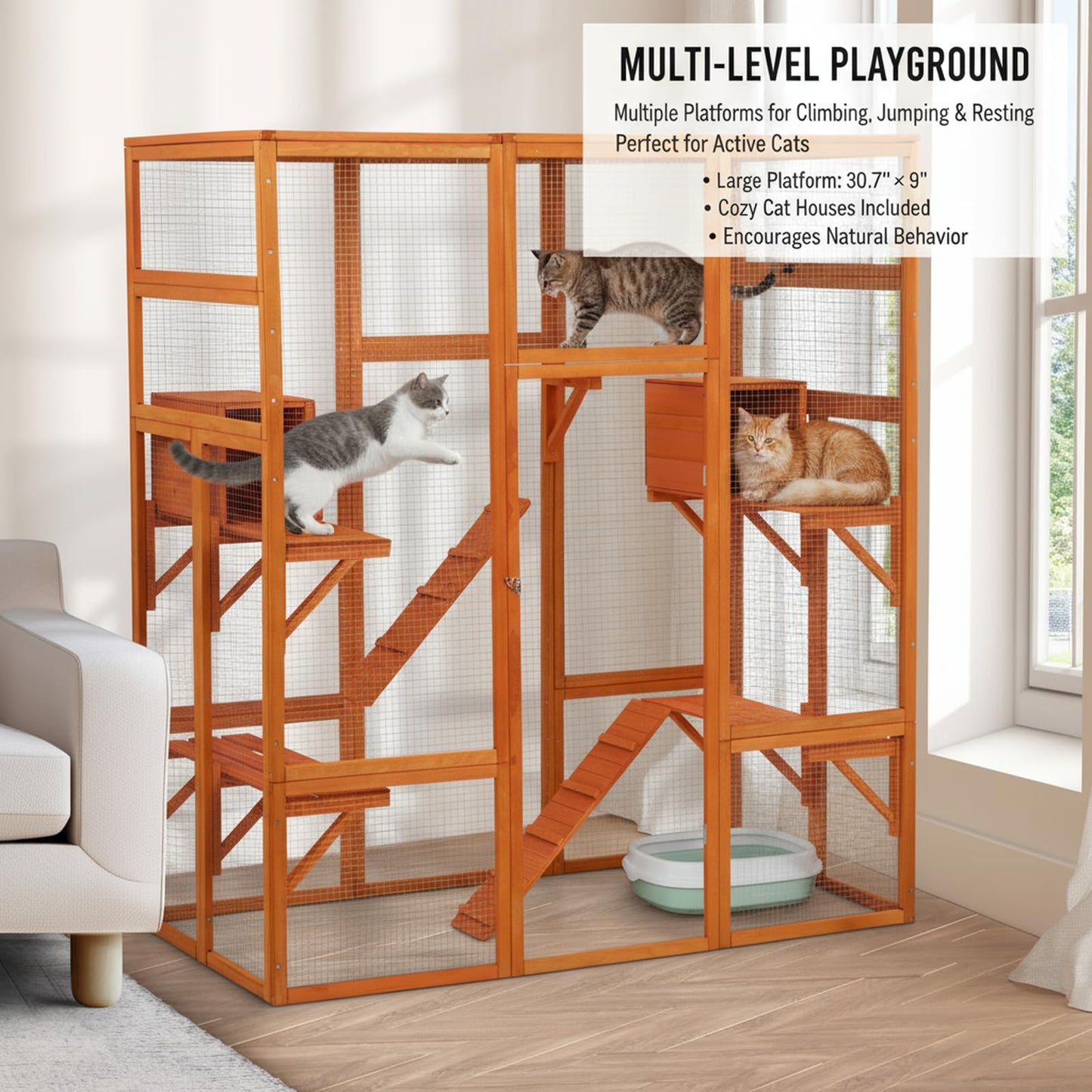 Outdoor Catio Cat Enclosure – 99" Wooden Cat House, 6 Jumping Platforms, Scratching Post, Waterproof Roof, Window Access, Orange
