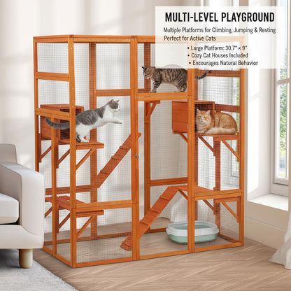 Outdoor Catio Cat Enclosure – 99" Wooden Cat House, 6 Jumping Platforms, Scratching Post, Waterproof Roof, Window Access, Orange