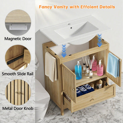 30" Naturoasis Farmhouse Bathroom Vanity with Sink – Bamboo Cabinet, Large Drawer & Soft-Close Doors