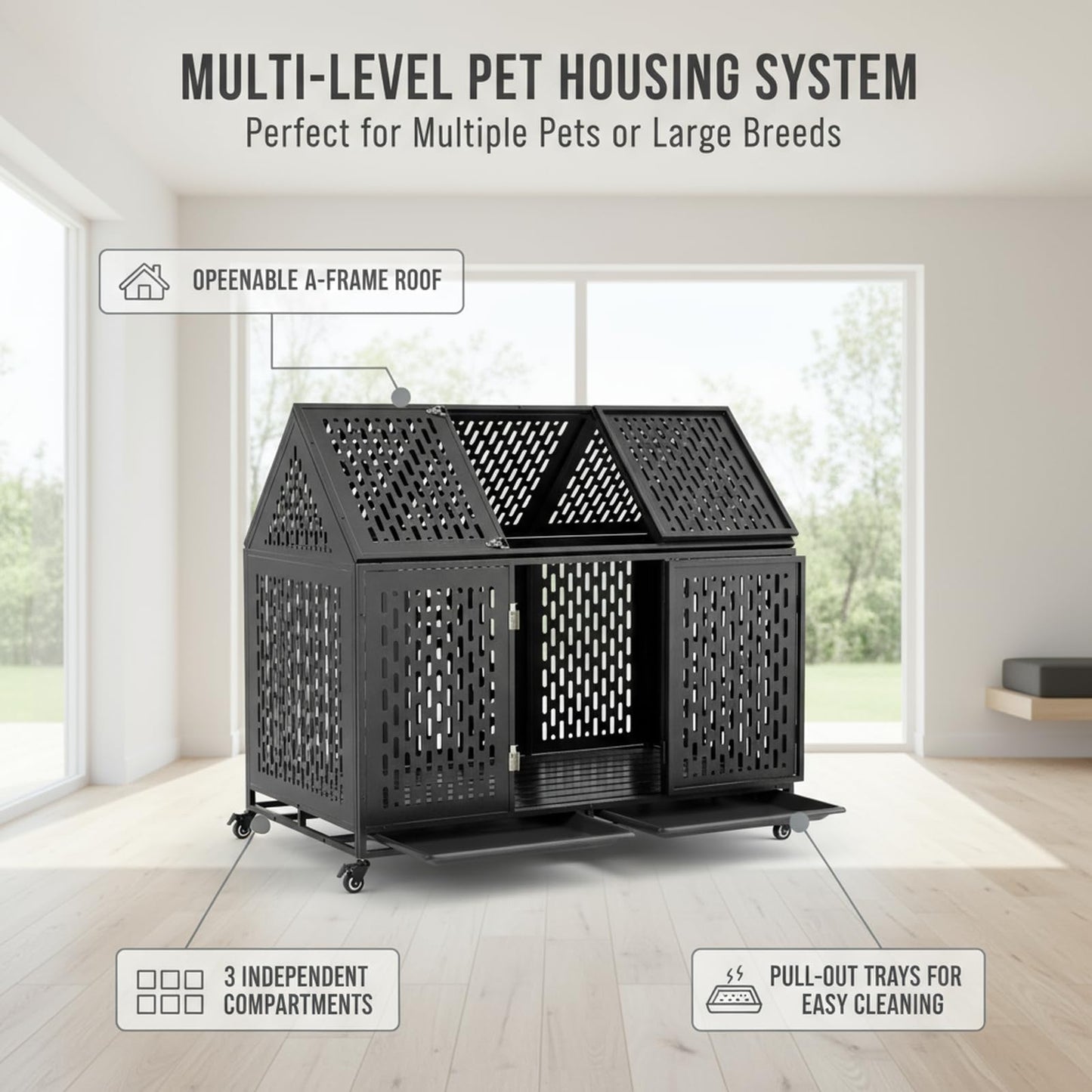 52 Inch Heavy Duty Indoor Dog Kennel for Large Dogs – Indestructible Dog Crate with Divider, Steel XL Dog Cage with Double Door, Wheels & Removable Tray, Black