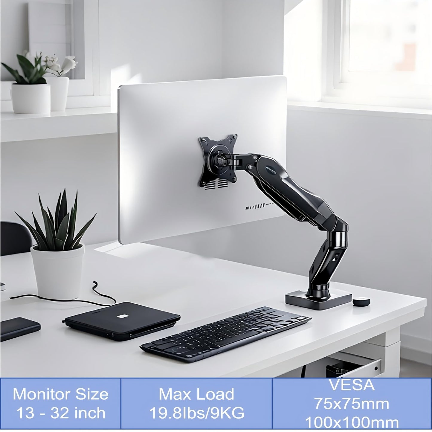 Adjustable Single Monitor Arm Desk Mount – C-Clamp/Grommet Mount, Fits 13-32 Inch Monitors, 4.4-19.8 Lbs Capacity, VESA 75x75mm & 100x100mm
