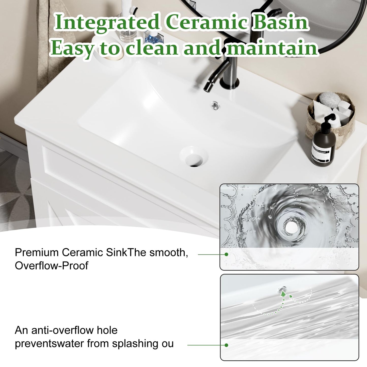 30" Bathroom Vanity with Sink, Black Freestanding Vanity for Small Bathrooms, Solid Metal Hinges, Door Organizer, RGB LED Light, Plumbing Clearance Shelf