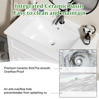 30" Bathroom Vanity with Sink, Black Freestanding Vanity for Small Bathrooms, Solid Metal Hinges, Door Organizer, RGB LED Light, Plumbing Clearance Shelf
