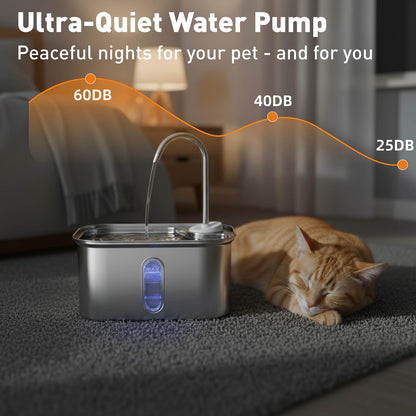 Stainless Steel Cat Water Fountain – 2.6L Capacity with Dual Filtration, Ultra Quiet Pump & Visible Water Level for Pets and Small Animals