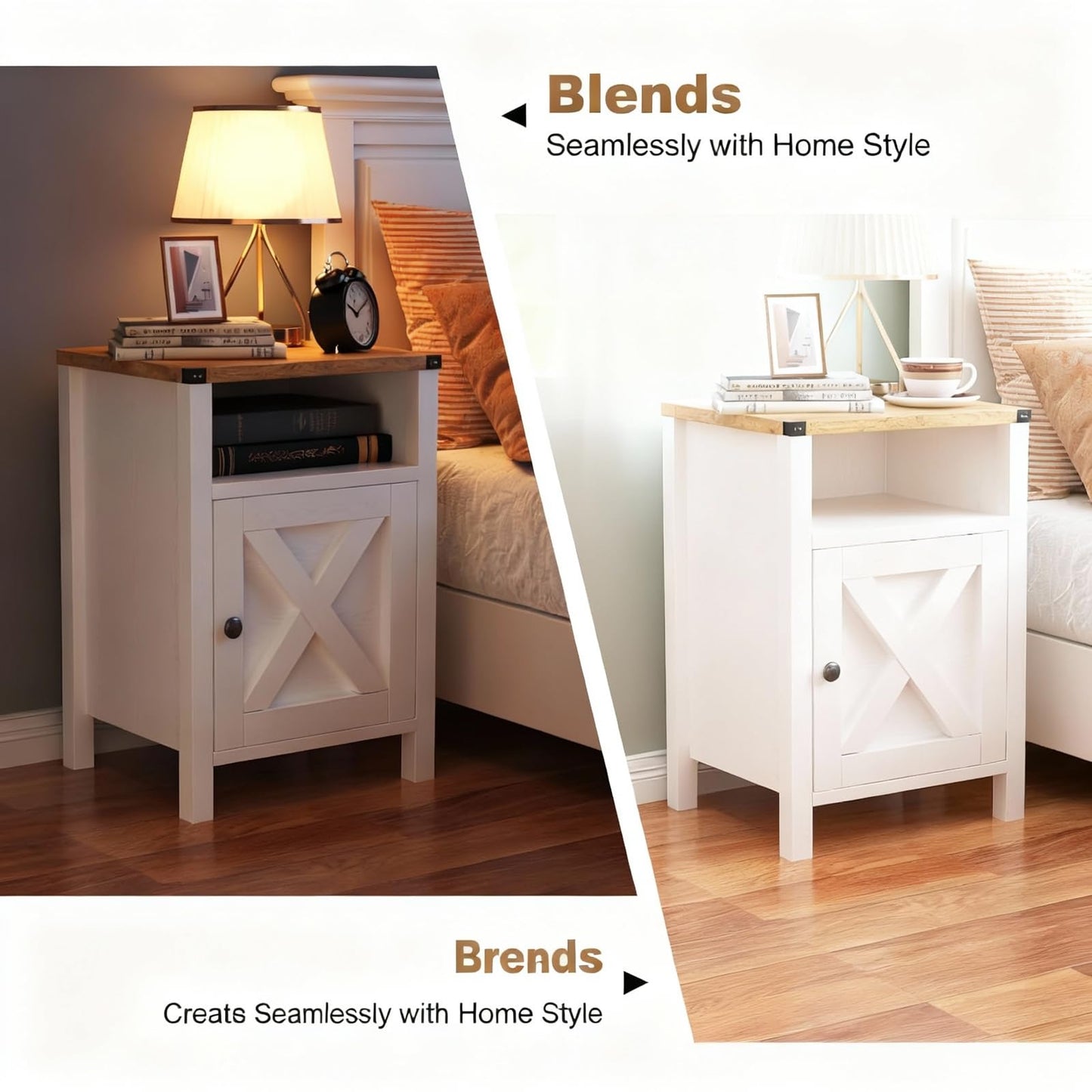 Set of 2 Farmhouse Nightstands, 16" Barn Door, Open Compartment, Bedroom Side Table – Natural Oak & Rustic White