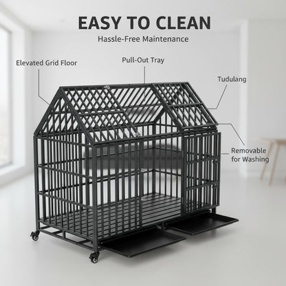 52" Heavy Duty Indestructible Dog Crate | Escape Proof, Double Door, Lockable Wheels, Removable Tray | XL
