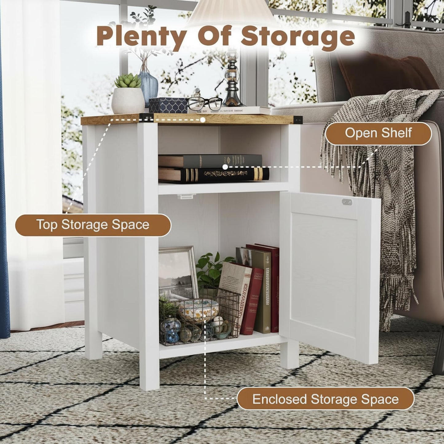 Set of 2 Farmhouse Nightstands, 16" Barn Door, Open Compartment, Bedroom Side Table – Natural Oak & Rustic White