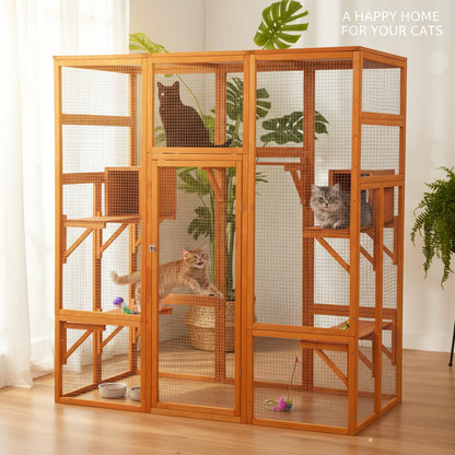 Outdoor Catio Cat Enclosure – 99" Wooden Cat House, 6 Jumping Platforms, Scratching Post, Waterproof Roof, Window Access, Orange
