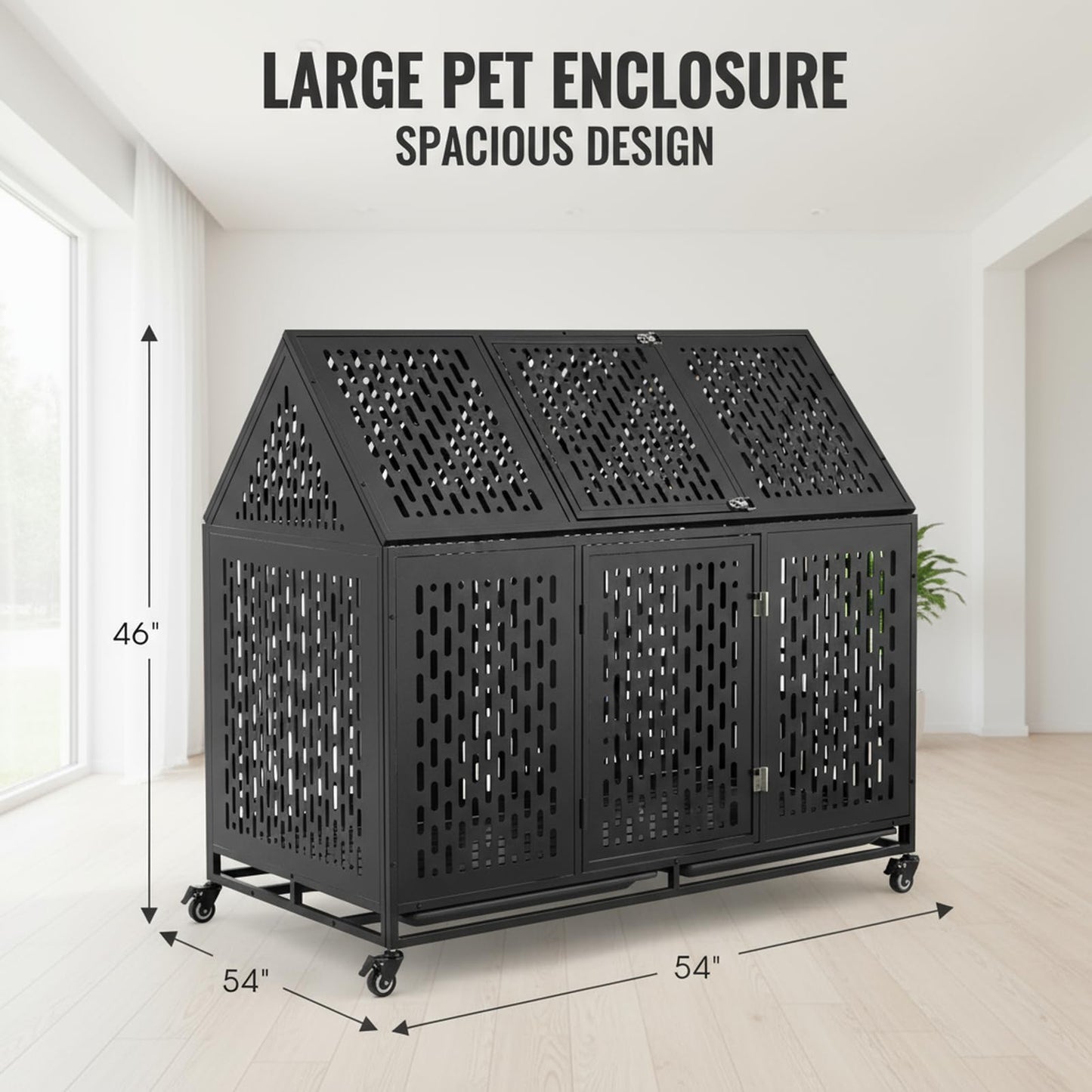 52 Inch Heavy Duty Indoor Dog Kennel for Large Dogs – Indestructible Dog Crate with Divider, Steel XL Dog Cage with Double Door, Wheels & Removable Tray, Black