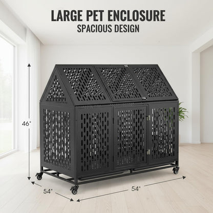 52 Inch Heavy Duty Indoor Dog Kennel for Large Dogs – Indestructible Dog Crate with Divider, Steel XL Dog Cage with Double Door, Wheels & Removable Tray, Black