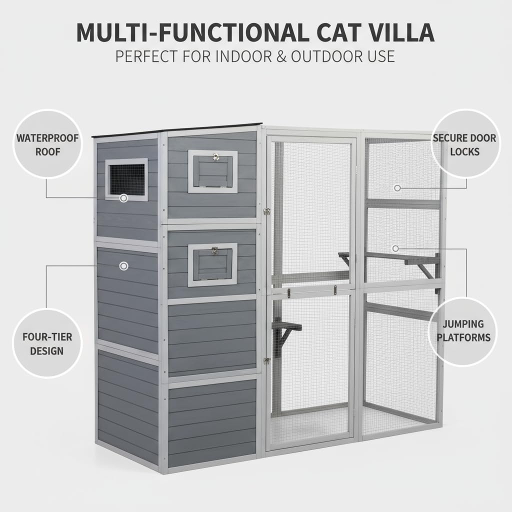 4-Tier Cat Tree House, XL Indoor/Outdoor Condo, Weatherproof, 2 Platforms, Multi-Cat (Grey)