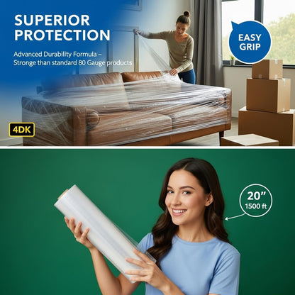 Stretch Wrap Stretch Film Roll 20 Inch x 1500FT,80 Gauge Industrial Strength up to 600% Stretch, Adhere Pallet Wrap - Heavy Duty Shrink Wrap Roll Good for Moving & Shipping