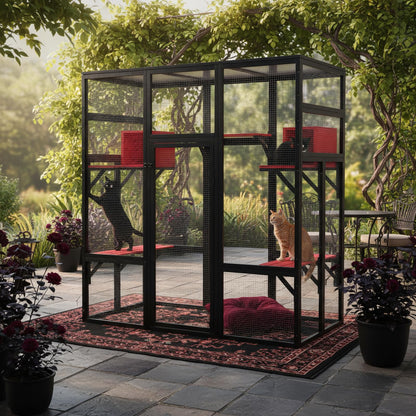 Gothic Large Catio Cat Enclosure, 4-Tier Indoor/Outdoor House, 2 Rooms, 5 Platforms, Waterproof, Window Balcony
