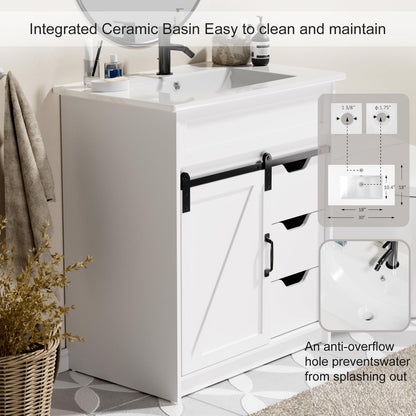 30" Farmhouse Bathroom Vanity with Sink – Sliding Barn Door, 3 Drawers & Metal Handle, White