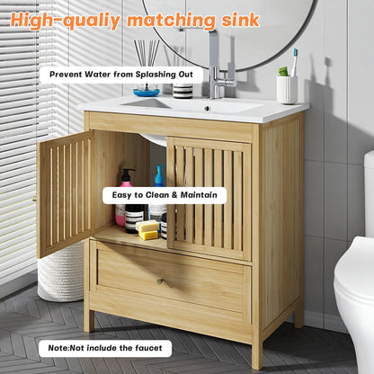 30" Naturoasis Farmhouse Bathroom Vanity with Sink – Bamboo Cabinet, Large Drawer & Soft-Close Doors