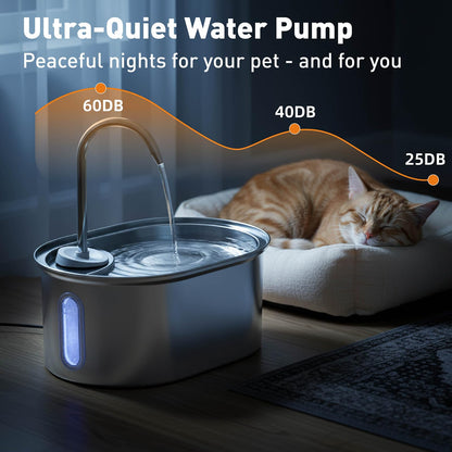 Stainless Steel Cat Water Fountain – 3L Dual Filtration & Ultra-Quiet Pump