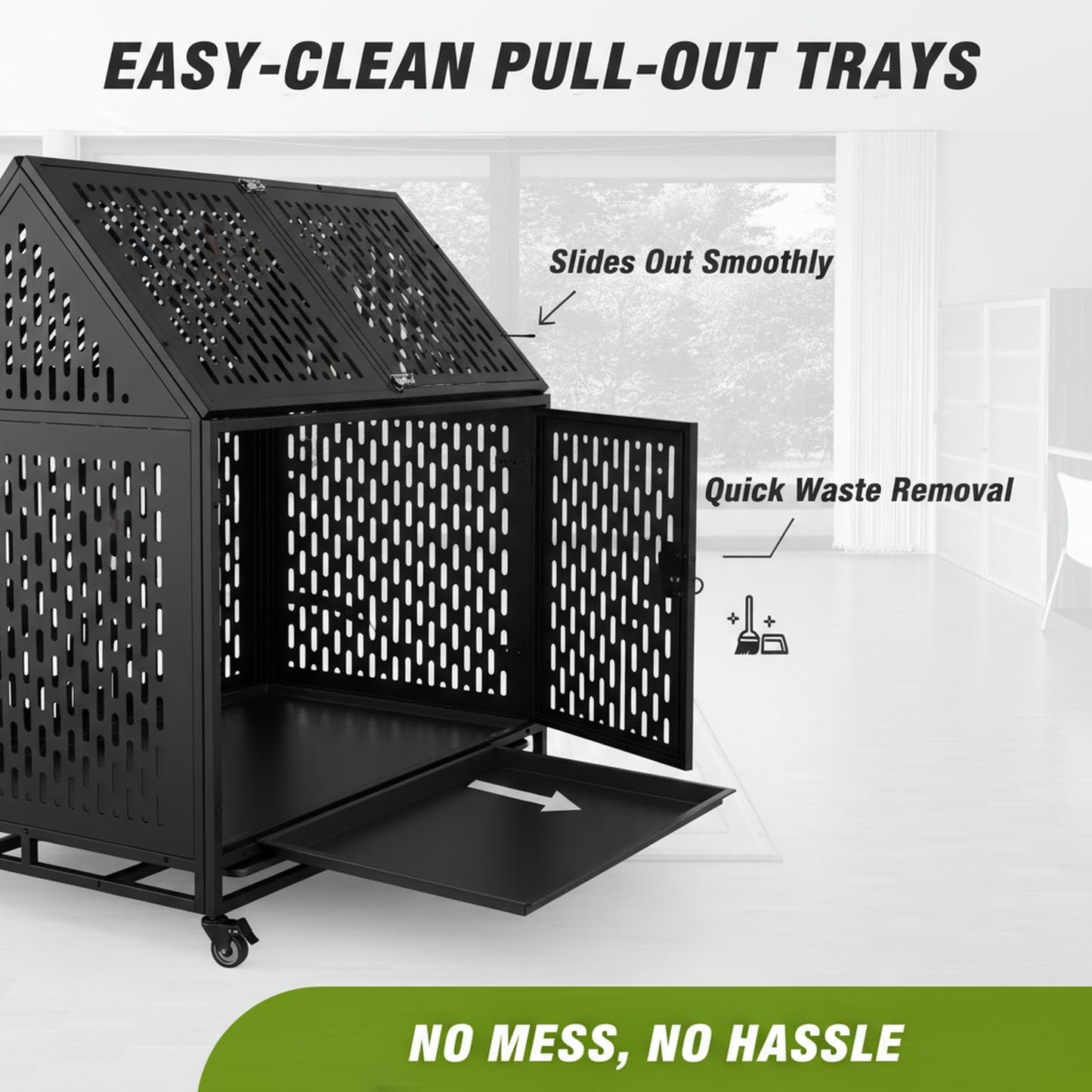 52 Inch Heavy Duty Indoor Dog Kennel for Large Dogs – Indestructible Dog Crate with Divider, Steel XL Dog Cage with Double Door, Wheels & Removable Tray, Black