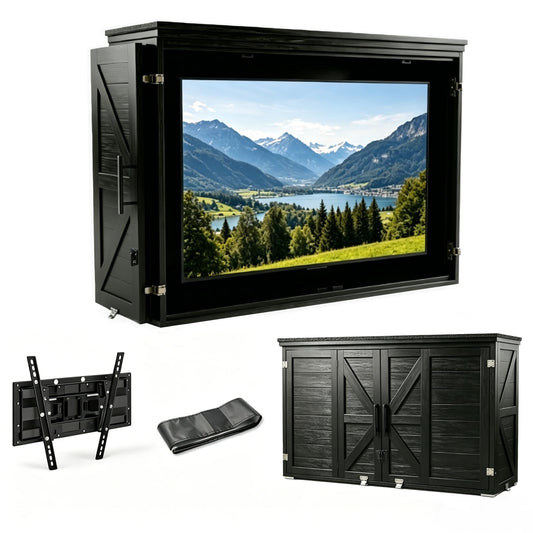 45-55" Solid Wood Outdoor TV Enclosure with Double Doors, Lock & Dual-Arm Mount