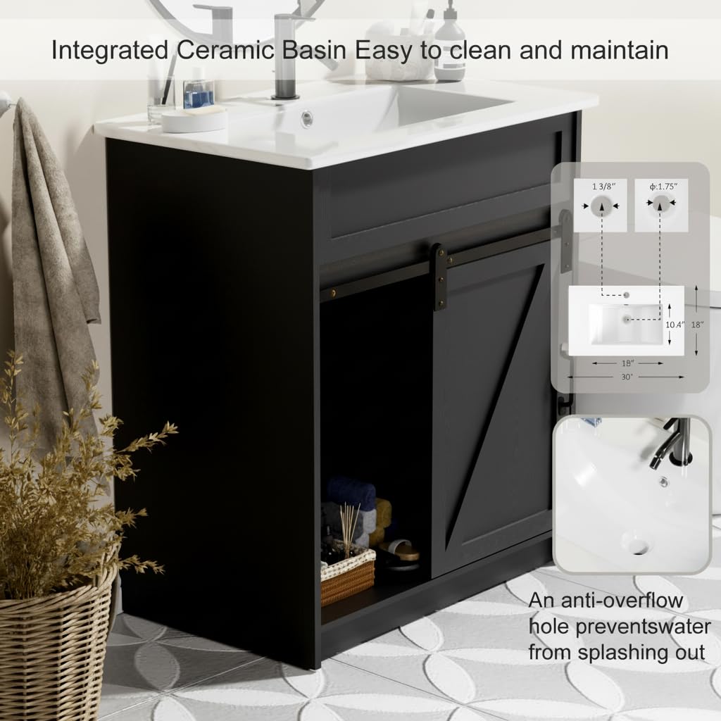 30" Farmhouse Bathroom Vanity Set with Sink, Power Outlets & Hair Tool Organizer