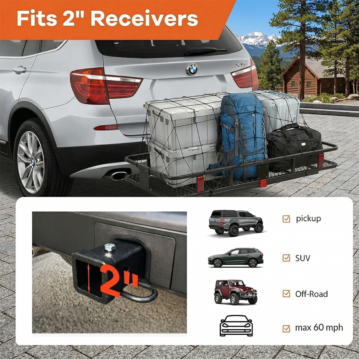 Extra Large Folding Hitch Cargo Carrier | 70"x30"x6" Galvanized Steel Basket, 500lb Capacity, Raised Shank, Fits 2" Receiver – SUV, Truck, Van, Car