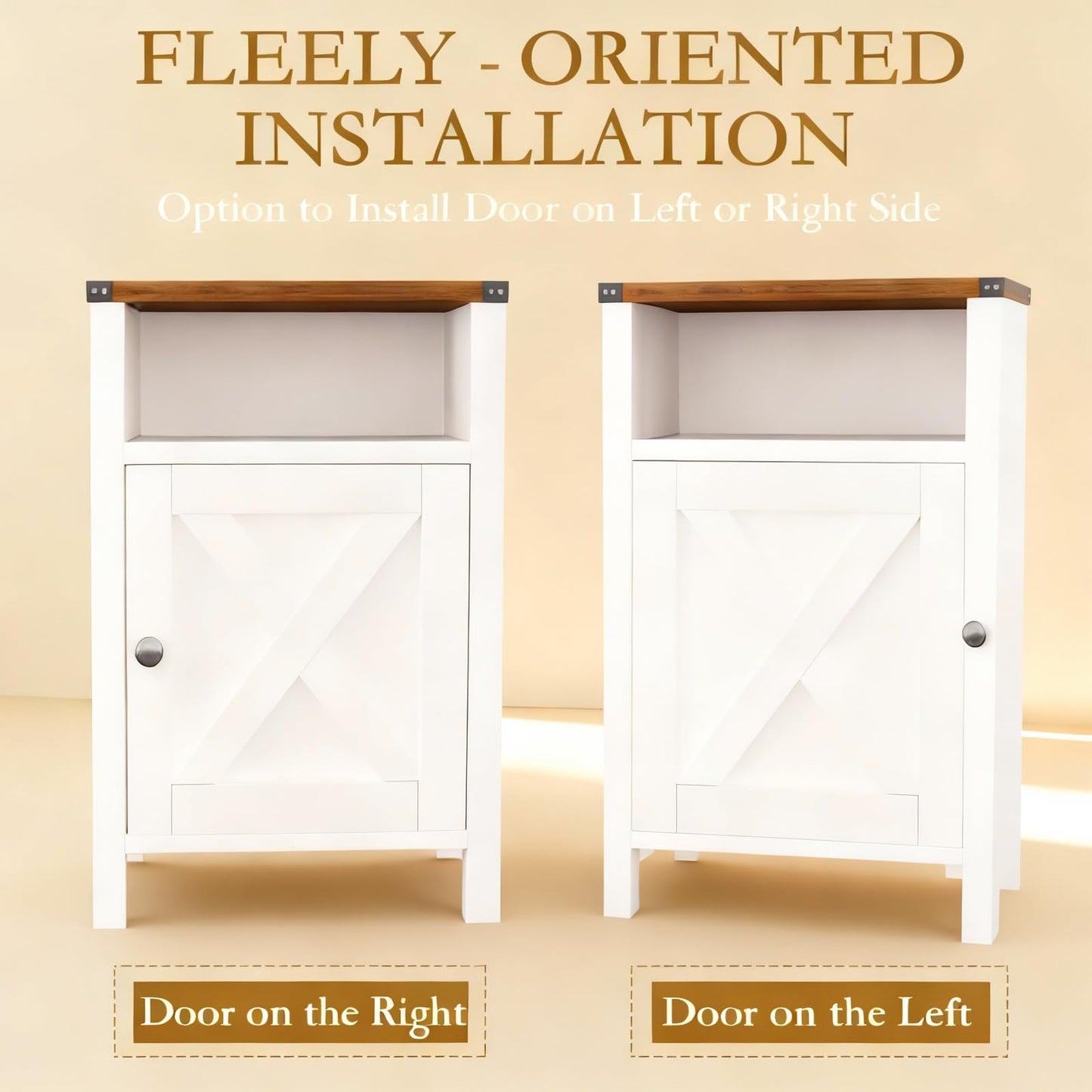 Set of 2 Farmhouse Nightstands, 16" Barn Door, Open Compartment, Bedroom Side Table – Natural Oak & Rustic White