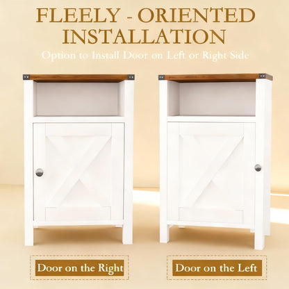 Set of 2 Farmhouse Nightstands, 16" Barn Door, Open Compartment, Bedroom Side Table – Natural Oak & Rustic White