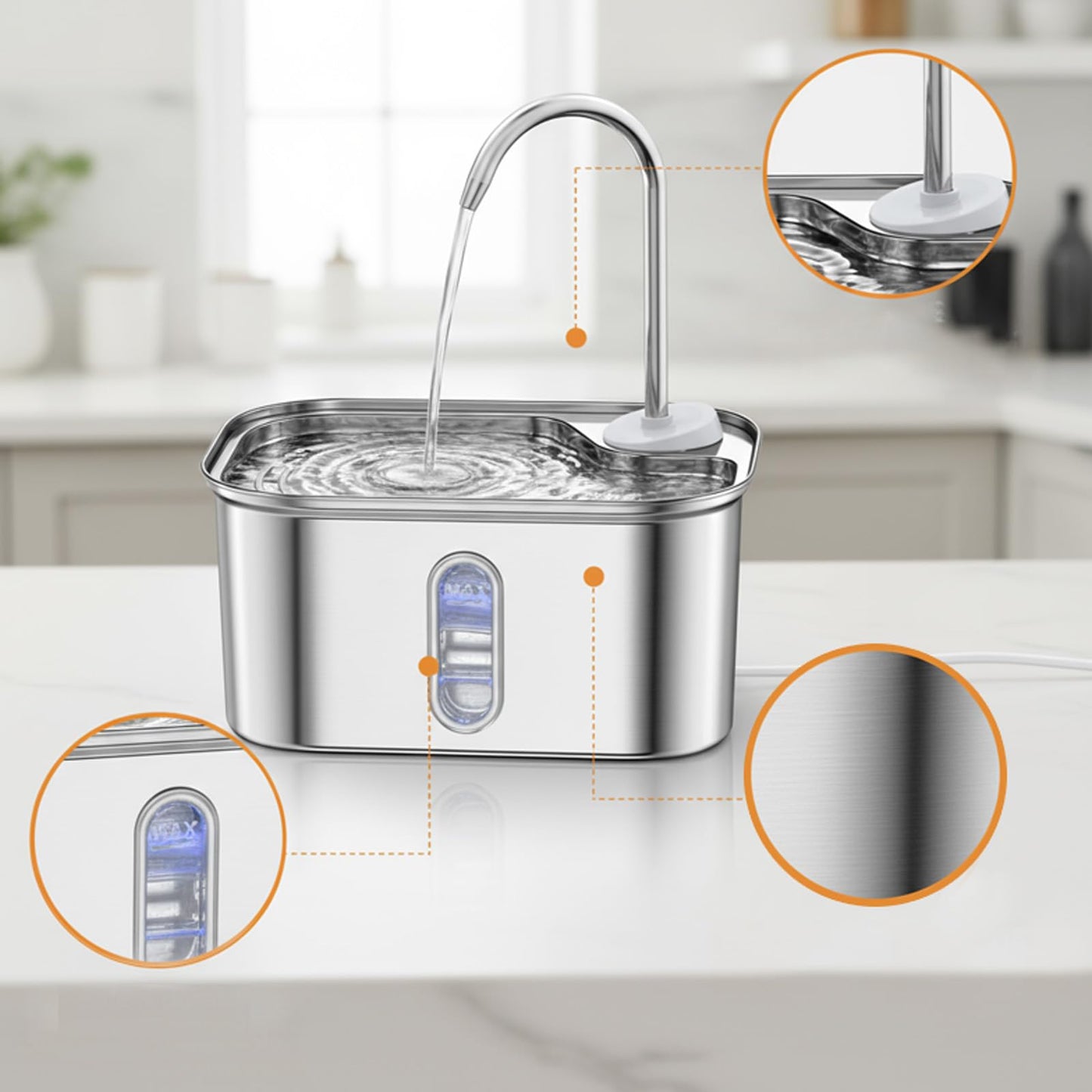 Stainless Steel Cat Water Fountain – 2.6L Capacity with Dual Filtration, Ultra Quiet Pump & Visible Water Level for Pets and Small Animals