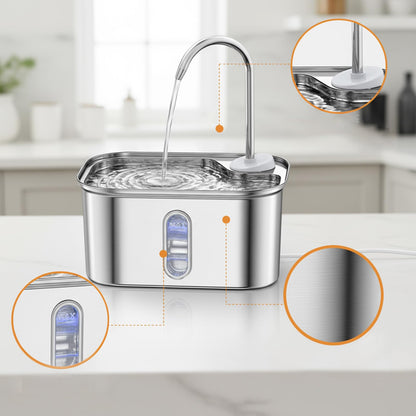 Stainless Steel Cat Water Fountain – 2.6L Capacity with Dual Filtration, Ultra Quiet Pump & Visible Water Level for Pets and Small Animals