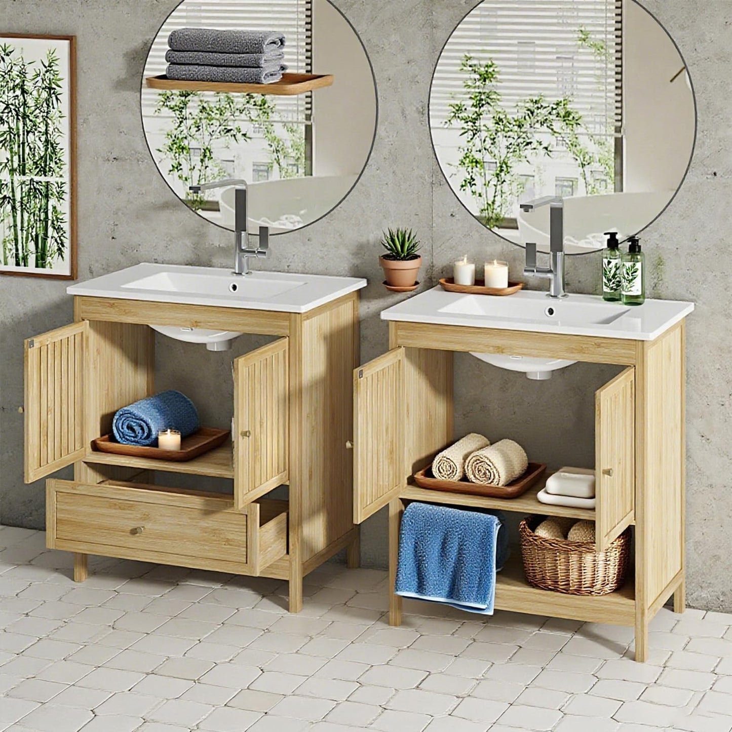 30" Naturoasis Farmhouse Bathroom Vanity with Sink – Bamboo Cabinet, Large Drawer & Soft-Close Doors